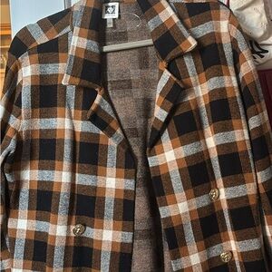 Anne Klein Plaid Coat in Brown, Black & Cream